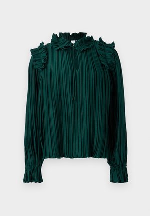 Donkergroen, geplisseerde blouse met ruches langs de kraag en schouderaccenten. Voorzien van lange mouwen met elastische manchetten en knopen aan de voorkant.