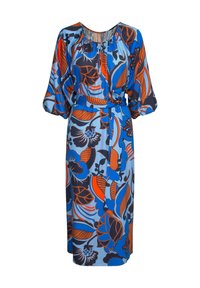 Blumenkleid in Blau, Orange und dunklen Tönen. Verfügt über eine lockere Passform, gerafften Ausschnitt und einen passenden Taillengürtel. Weicher, leichter Stoff.