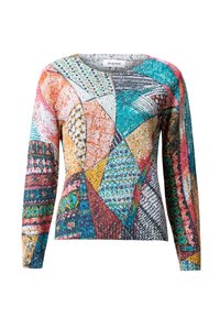 Suéter de manga larga multicolor con un diseño de patchwork. Presenta varias texturas y patrones en tonos de naranja, verde azulado, negro y amarillo.