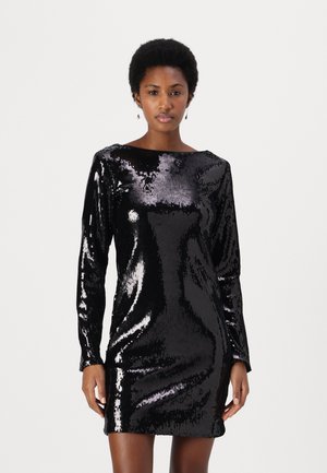 Black sequin dress with long sleeves, boat neckline, and a fitted silhouette. The sequins create a shiny, textured surface.