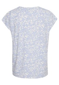 Light blue short-sleeve blouse with white floral pattern shown from the back, featuring a round neckline and loose fit.