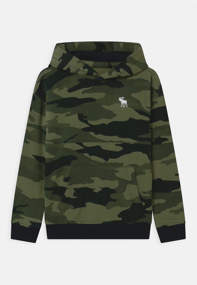 Sudadera de camuflaje en tonos verdes, con un bolsillo tipo canguro y puños negros. Presenta un pequeño logo de alce blanco en el pecho. Tejido de mezcla de algodón.