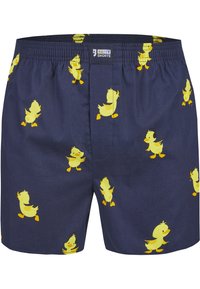 Marine boxer shorts met een elastische tailleband, bedrukt met een patroon van gele eendjes in verschillende posities. Gemaakt van lichtgewicht stof.