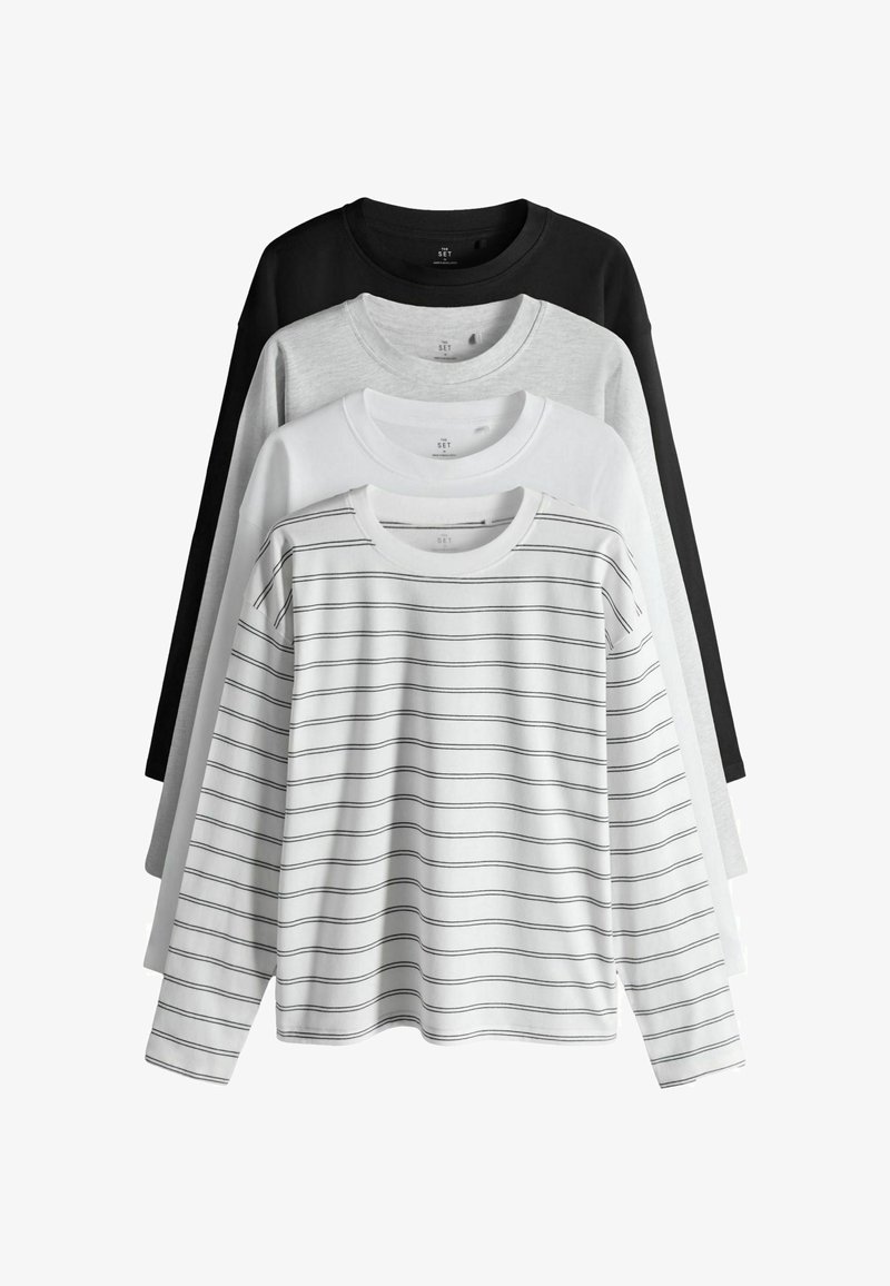 Fire langærmede crew neck t-shirts lagdelt, farverne sort, grå, hvid og hvid med tynde sorte vandrette striber.