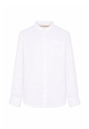 Biała koszula z długim rękawem, zapinana na guziki, z kołnierzykiem typu stójka i pojedynczą kieszenią na piersi, zaprojektowana do noszenia na co dzień lub na formalne okazje.