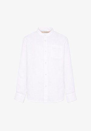 Camisa blanca de manga larga con botones, cuello mao y un bolsillo en el pecho, diseñada para uso informal o formal.