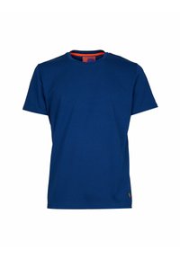 T-shirt in cotone blu navy con maniche corte, collo a giro e un accento arancione all'interno del colletto. Presenta un piccolo logo all'orlo.