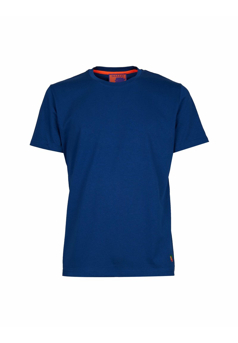 T-shirt in cotone blu navy con maniche corte, collo a giro e un accento arancione all'interno del colletto. Presenta un piccolo logo all'orlo.