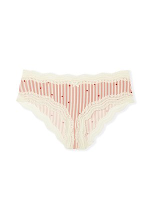 Culottes à bordure en dentelle crème avec des rayures verticales rouges et de petits accents de cœurs rouges. Tissu doux avec un bord festonné.