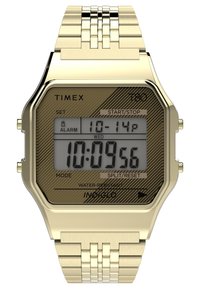 Reloj digital dorado con caja octagonal, pulsera de acero inoxidable, pantalla LCD gris, que cuenta con alarma, cronómetro y marcas de resistencia al agua.