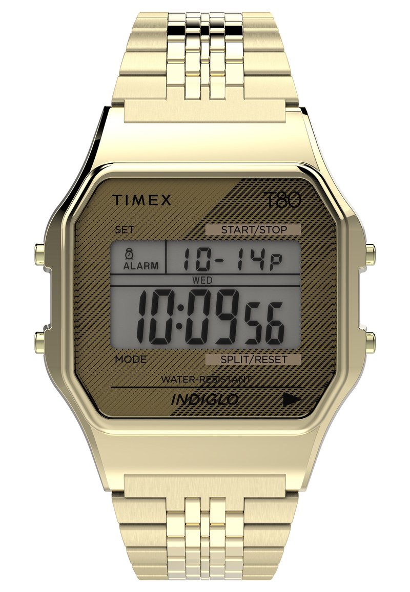Reloj digital dorado con caja octagonal, pulsera de acero inoxidable, pantalla LCD gris, que cuenta con alarma, cronómetro y marcas de resistencia al agua.