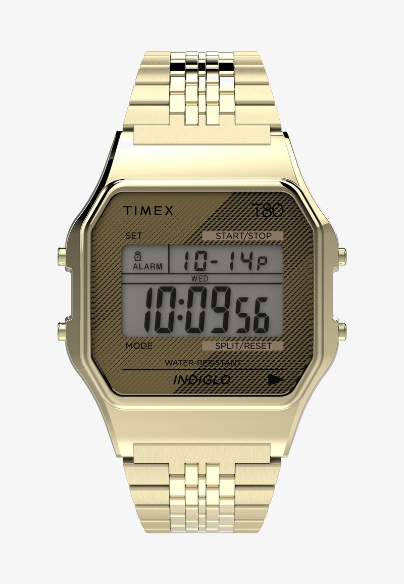 Arany digitális óra nyolcszögletű tokban, rozsdamentes acél karkötővel, szürke LCD kijelzővel, amely riasztót, stopperórát és vízállósági jelöléseket tartalmaz.