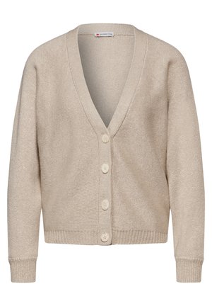 Beige cardigan met V-hals en knopen, lange mouwen, geribbelde boorden en zoom, met een subtiele glans in de gebreide stof.