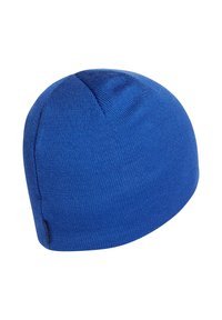 Beanie blu in maglia con un design senza cuciture, realizzato in tessuto morbido. Ha una vestibilità aderente e una minimalistica etichetta laterale.