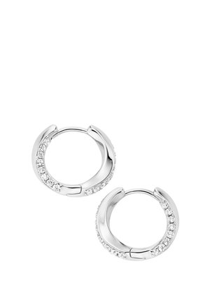 Silver hoop earrings with a row of small clear gemstones along the outer edge on a white background.