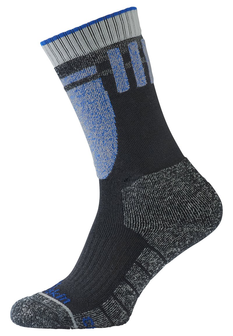 Calzino nero e grigio con accenti blu, caratterizzato da un bordo a coste, tallone rinforzato e motivi texture per comfort e supporto.