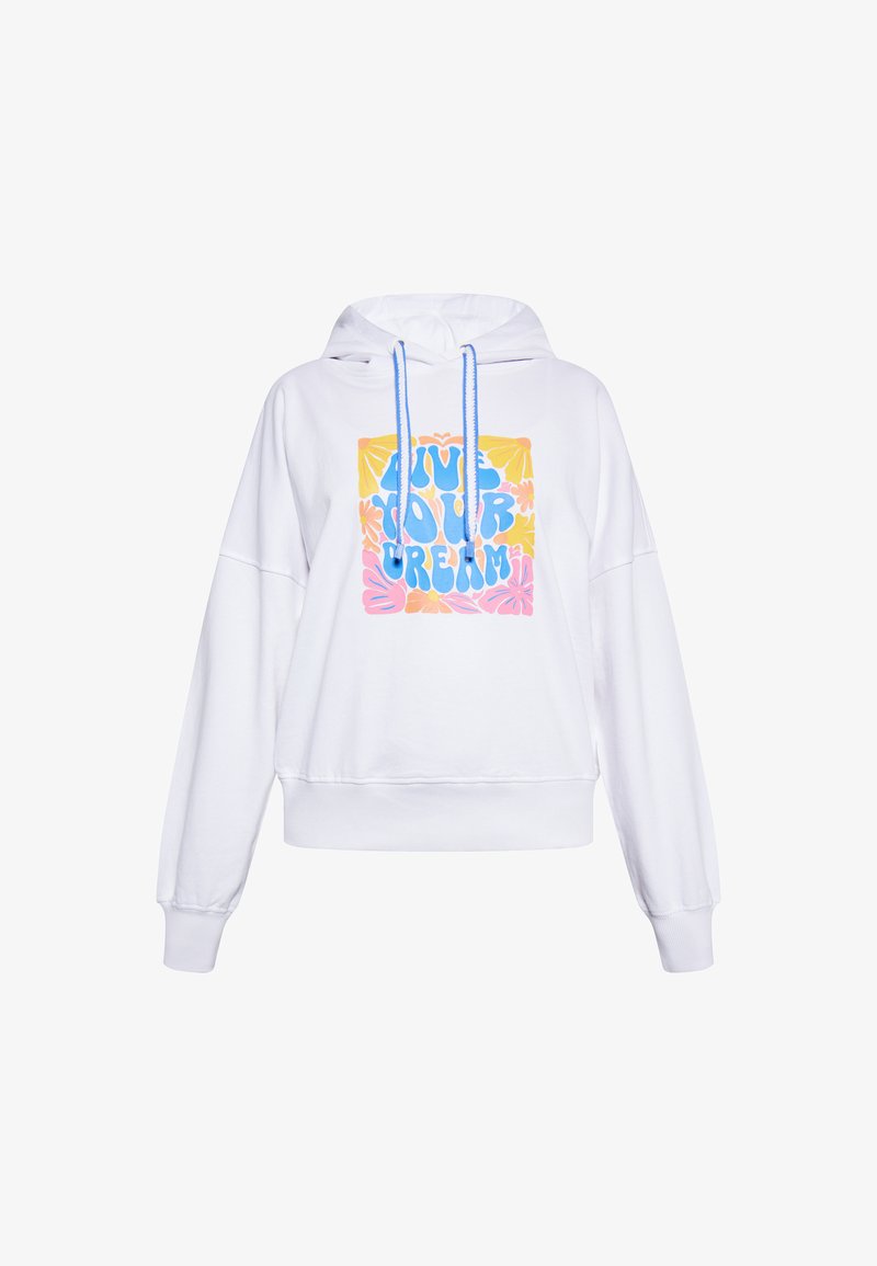 Felpa corta bianca con cappuccio e dettagli blu. Presenta una grafica vivace con la scritta "Vivi il tuo sogno" circondata da motivi floreali.