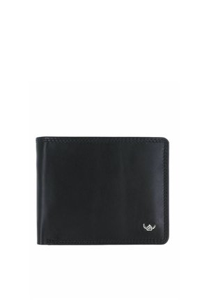 Black leather bifold wallet with stitched edges and a small silver metallic logo on the bottom right corner.
