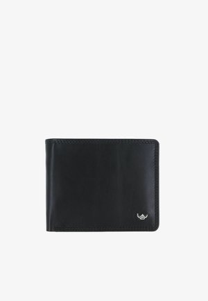 Black leather bifold wallet with stitched edges and a small silver metallic logo on the bottom right corner.