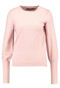 Světle růžový svetr s dlouhými rukávy, kulatým výstřihem a nabíran�ými rameny, s žebrovanými manžetami a lemem.