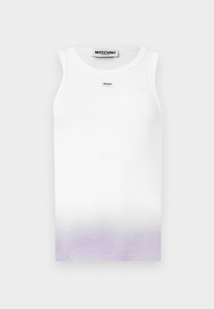 Bela telirana majica brez rokavov z rahlim vijoličnim prelivom na dnu in majhnim logotipom Moschino Jeans na prsih.