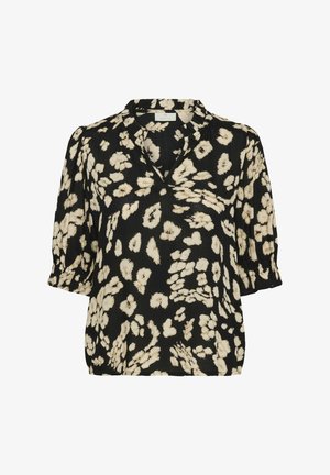 Must mustikashe with beige abstraktse lillemustriga, V-kaelus ja lühikesed puffvarrukad. Kerge, tekstureeritud kangas, millel on vabalt voolav lõige.