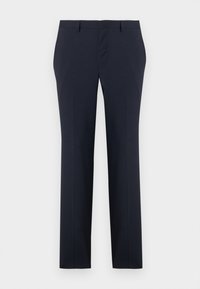 Navy tailored trousers with a smooth texture, straight-leg design, and two side pockets. Features a waistband with belt loops.