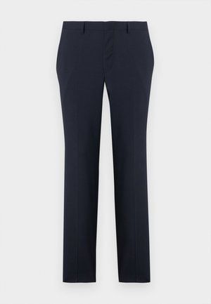 Navy tailored trousers with a smooth texture, straight-leg design, and two side pockets. Features a waistband with belt loops.