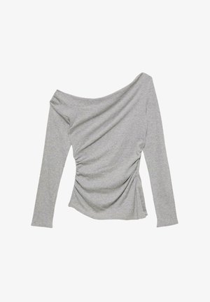 Szary długi rękaw top z dekoltem off-the-shoulder, z drapowaną tkaniną i marszczeniem po jednej stronie. Miękki, elastyczny materiał.