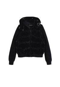 Gilet nero imbottito con finitura lucida, dotato di cappuccio staccabile, polsini a coste e chiusura con cerniera. Maniche in maglia morbida con motivi.