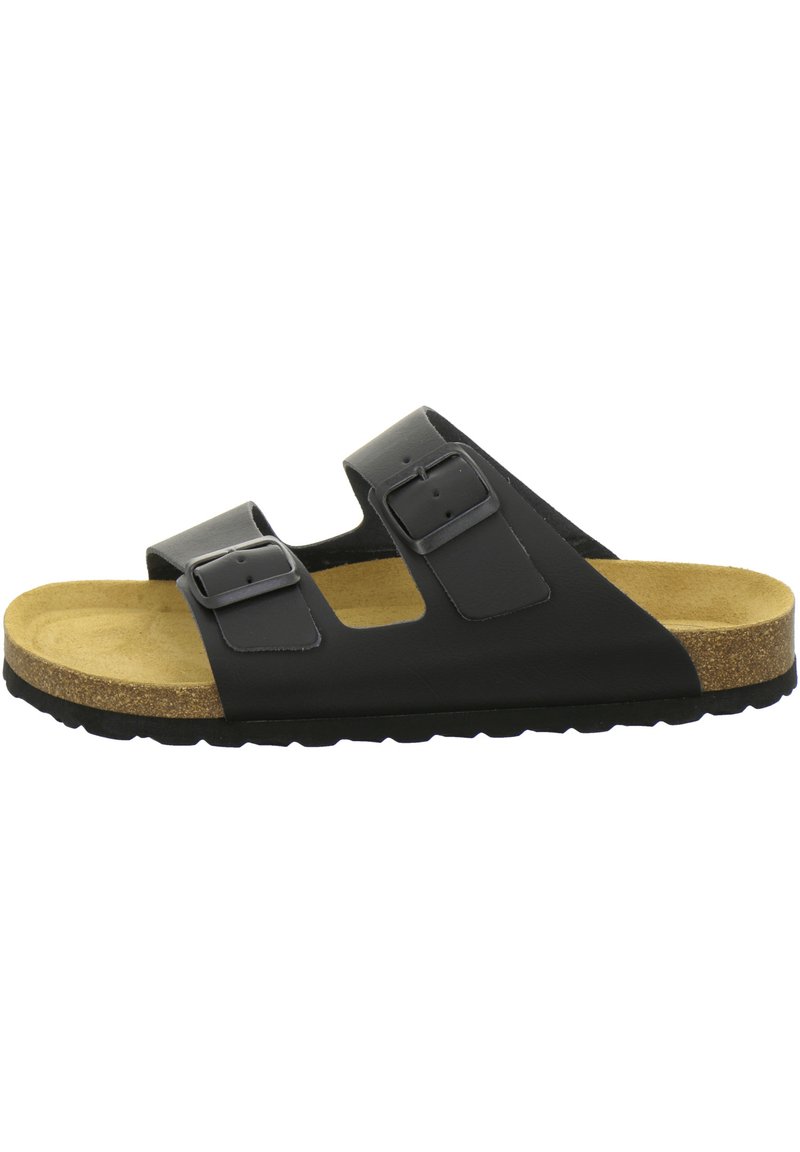 Black slide sandal with two adjustable straps, featuring a cork footbed and textured rubber sole. The upper material is smooth and matte.