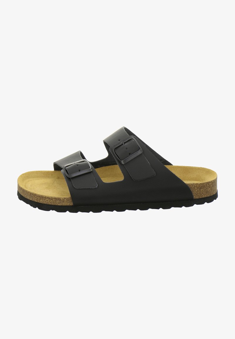 Black slide sandal with two adjustable straps, featuring a cork footbed and textured rubber sole. The upper material is smooth and matte.