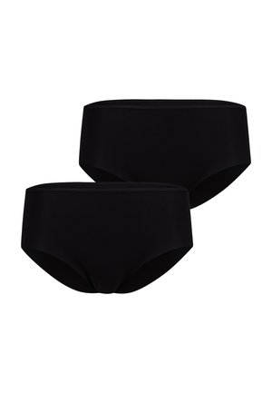 Zwei schlichte schwarze nahtlose Slips mit mittlerer Bundhöhe auf weißem Hintergrund dargestellt.