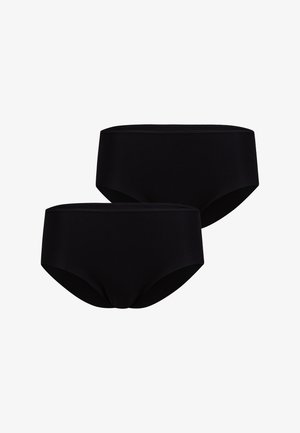 Zwei schlichte schwarze nahtlose Slips mit mittlerer Bundhöhe auf weißem Hintergrund dargestellt.