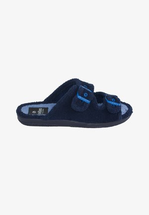 Zapatilla abierta azul marino con tejido suave, dos correas ajustables con hebillas azules y suela acolchada para mayor comodidad en interiores.