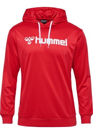 Rode hoodie van glad, lichtgewicht materiaal, met een voorste kangaroozak, witte trekkoorden en groot wit "Hummel" logo op de borst.