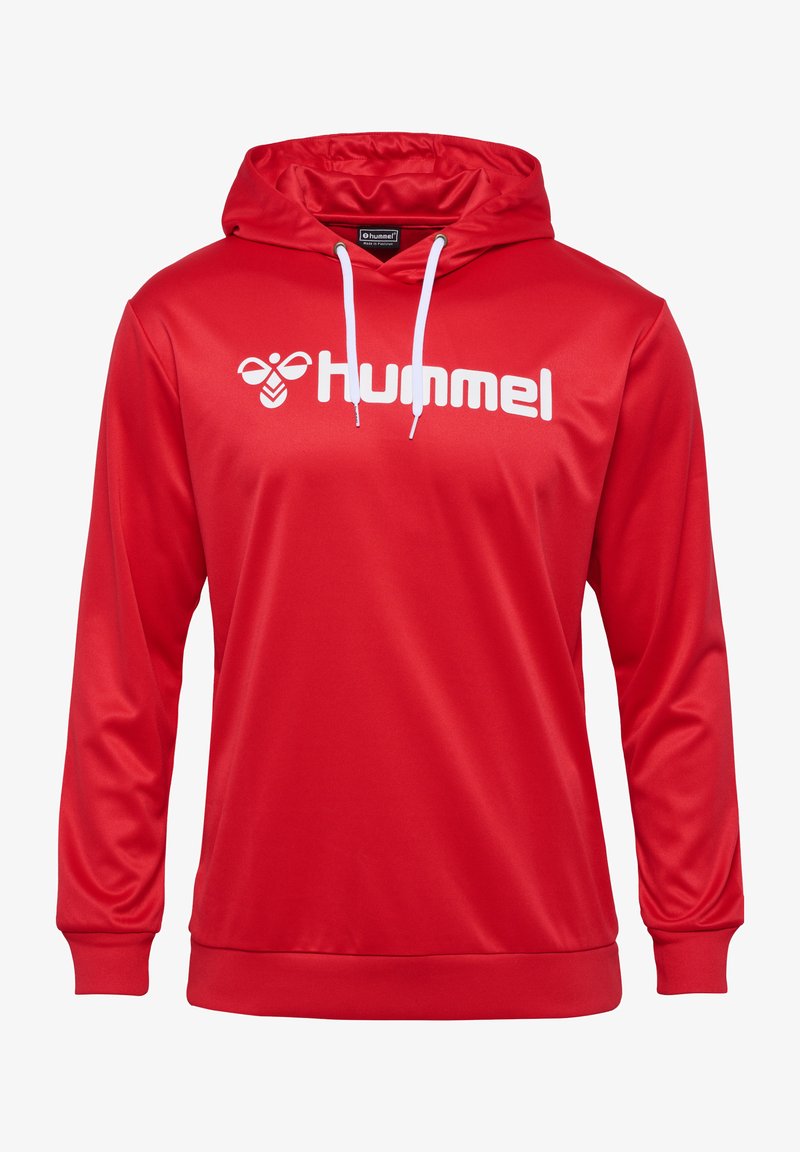 Rode hoodie van glad, lichtgewicht materiaal, met een voorste kangaroozak, witte trekkoorden en groot wit "Hummel" logo op de borst.