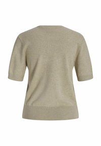 Beżowy sweter z krótkim rękawem i okrągłym dekoltem. Miękka tekstura, ściągacze przy rękawach i dole. Gładkie wykończenie z minimalnymi detalami.