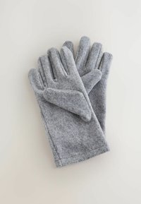 Guanti di lana grigia con una texture morbida, cinque dita e un design senza cuciture. I guanti presentano una finitura semplice e pulita senza hardware visibile.