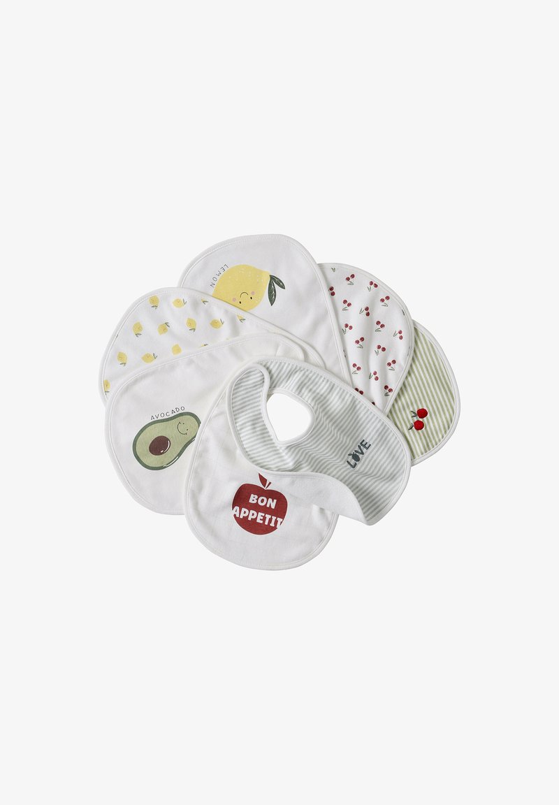 Set of six baby bibs with fruit and striped patterns, including lemon, avocado, cherries, and a "Bon Appetit" apple design.