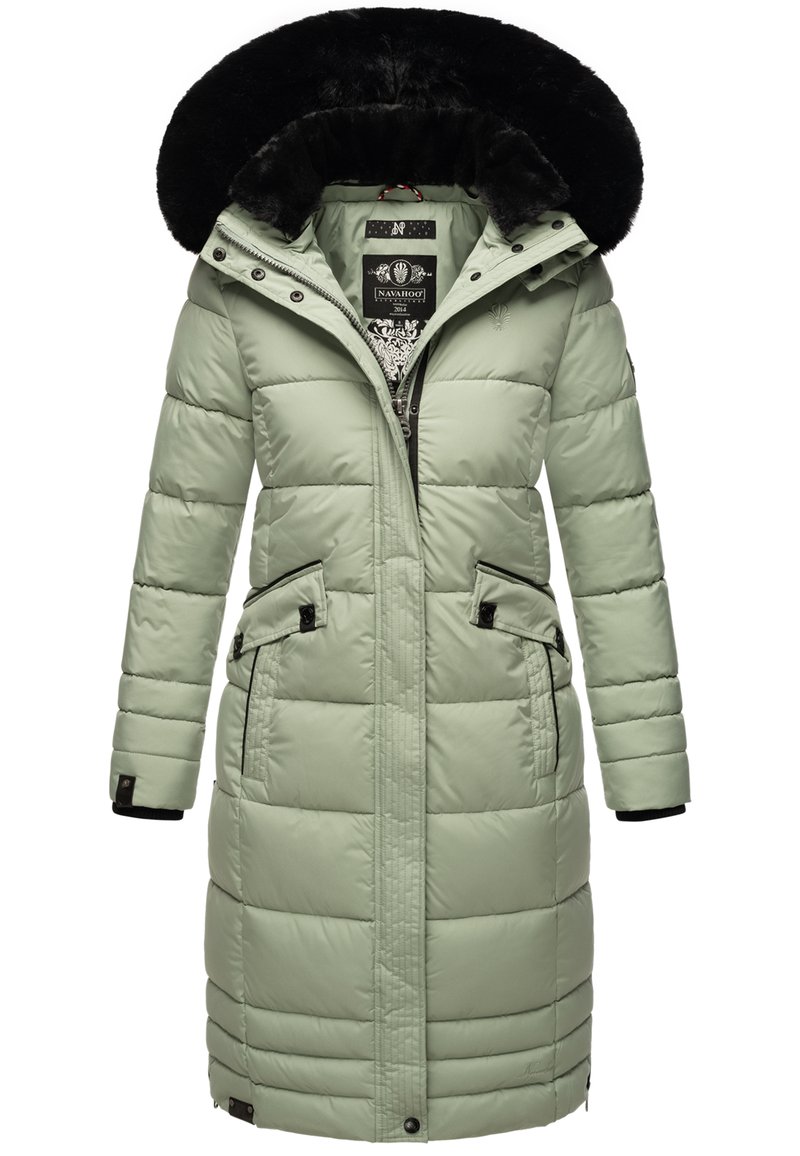 Light green puffer coat with a black faux fur hood, front zipper, two side pockets, and quilted design. Features black accents and details.