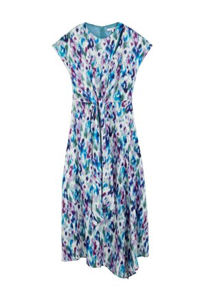 Vestido midi sin mangas con estampado abstracto en azul, morado y verde, con escote redondo y detalle de nudo frontal en la cintura.