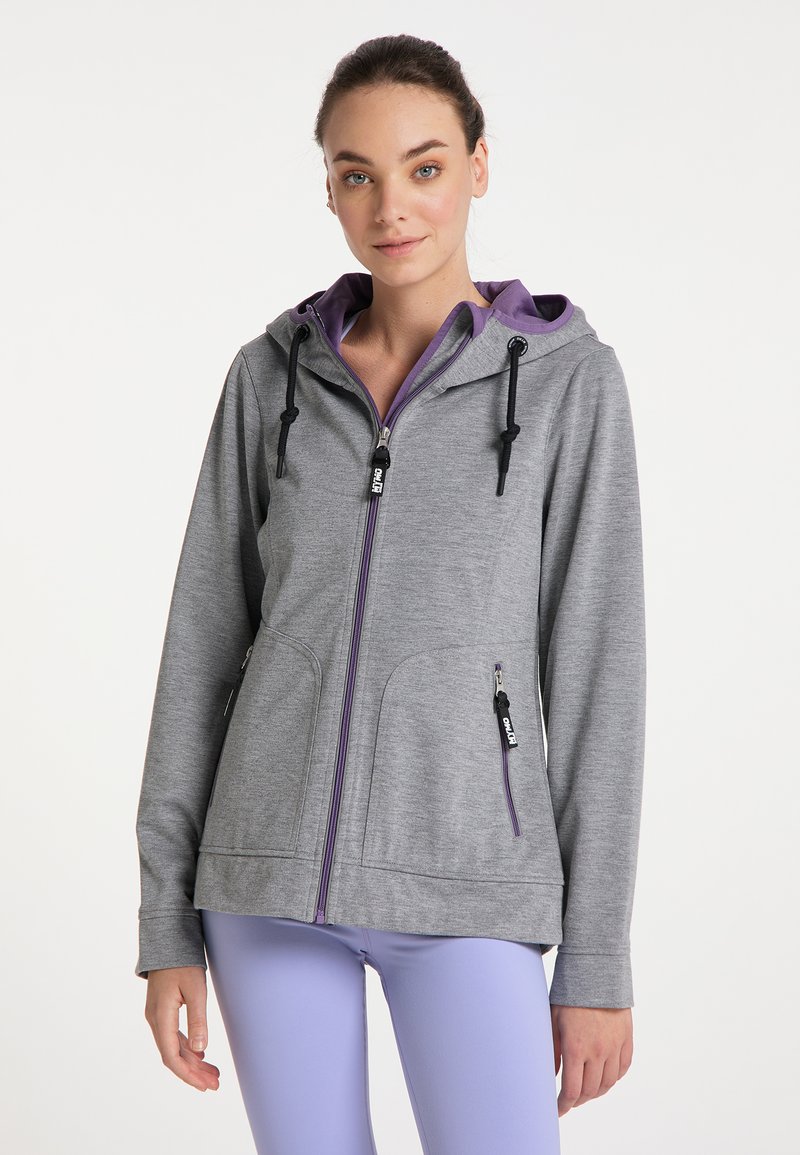 Giacca grigia con zip e cappuccio viola, dotata di due tasche frontali, cordini e una superficie liscia. Adatta per un abbigliamento casual.