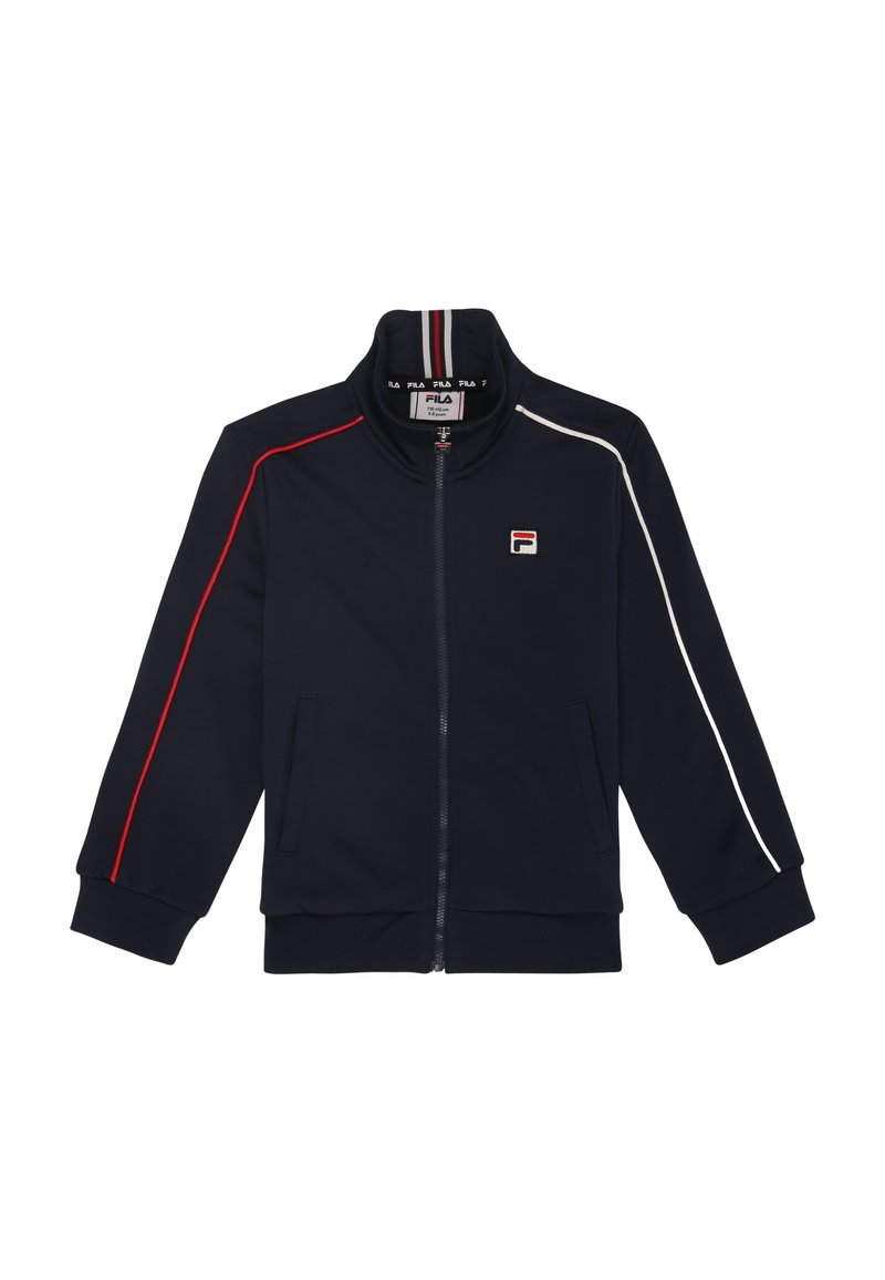 Marine blauwe zip-up jack met staande kraag, voorzien van rode en witte zijstrepen en een kleine logo patch. Gemaakt van zachte, gladde stof.