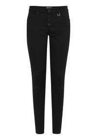 Pantalones de mezclilla negros con un corte ajustado, que presentan una cintura alta, cierre de cinco botones y un sutil detalle elástico en las costuras laterales.