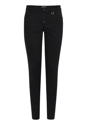 Pantaloni in denim nero con una vestibilità slim, dotati di un alto punto vita, chiusura con cinque bottoni e dettagli elastici sul lato delle cuciture.