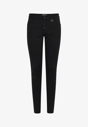 Pantaloni in denim nero con una vestibilità slim, dotati di un alto punto vita, chiusura con cinque bottoni e dettagli elastici sul lato delle cuciture.