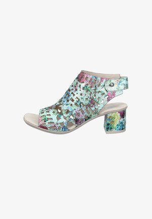 Damen-Sandale mit offenem Zehenbereich und Cutouts, floralem Muster, Blockabsatz und verstellbarem Knöchelriemen in Pastelltönen Blau, Rosa und Grün.