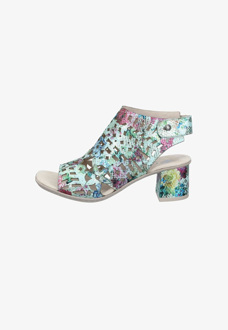 Sandale femme à bout ouvert avec découpe, motif floral, talon bloc et bride ajustable à la cheville aux tons pastel bleu, rose et vert.