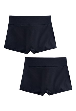 Deux paires de shorts de bain noirs, taille haute et ajustés, présentées de face et de dos sur un fond blanc.